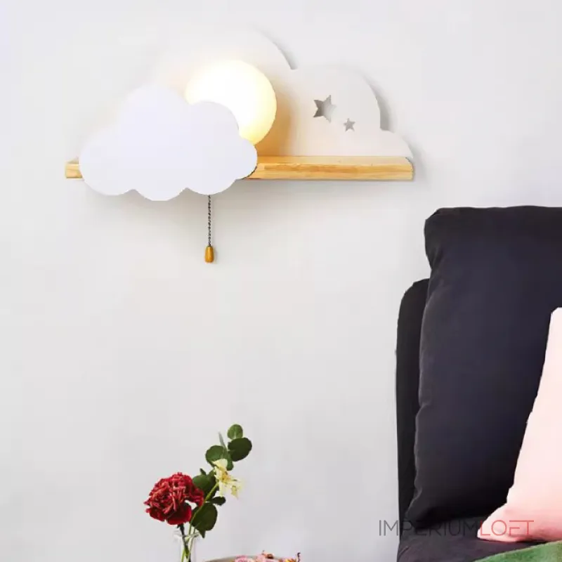 Настенный светильник с белым шарообразным плафоном на деревянной полочке с декоративными облаками Бра CUTE WHITE от ImperiumLoft Настенный светильник с белым шарообразным плафоном на деревянной полочке с декоративными облаками Бра CUTE WHITE от ImperiumLoft