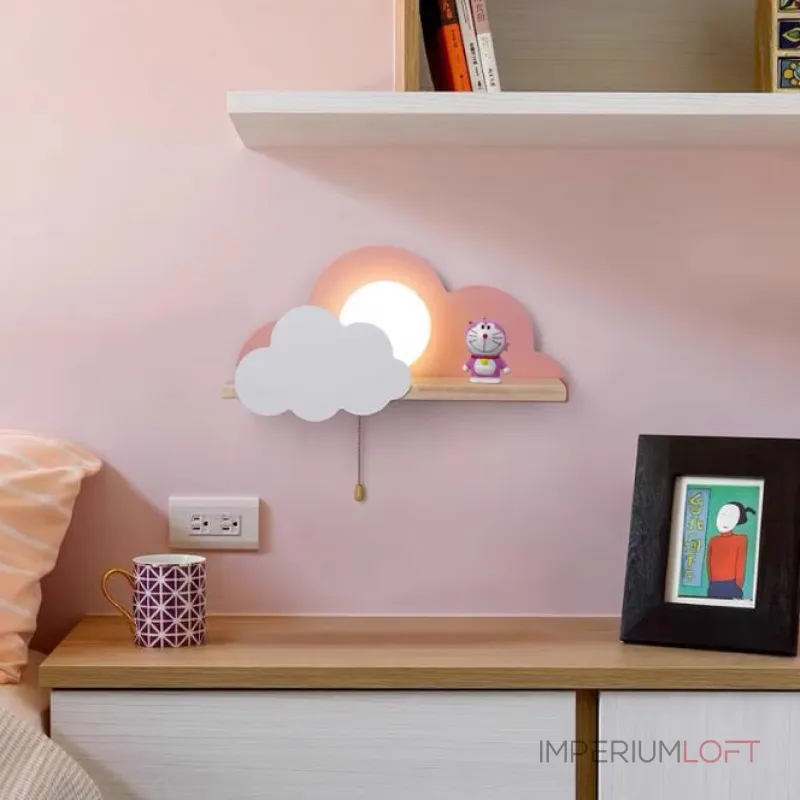 Настенный светильник с белым шарообразным плафоном на деревянной полочке с декоративными облаками Бра CUTE WHITE от ImperiumLoft Настенный светильник с белым шарообразным плафоном на деревянной полочке с декоративными облаками Бра CUTE WHITE от ImperiumLoft