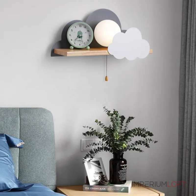 Настенный светильник с белым шарообразным плафоном на деревянной полочке с декоративными облаками Бра CUTE GREY от ImperiumLoft Настенный светильник с белым шарообразным плафоном на деревянной полочке с декоративными облаками Бра CUTE GREY от ImperiumLoft