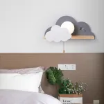 Настенный светильник с белым шарообразным плафоном на деревянной полочке с декоративными облаками Бра CUTE GREY от ImperiumLoft