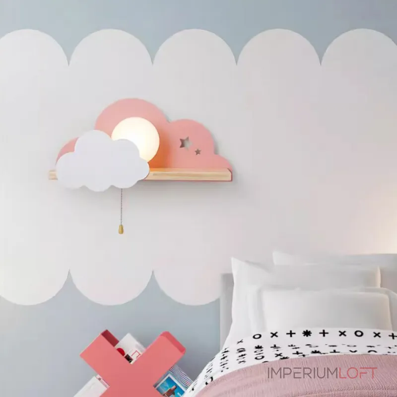 Настенный светильник с белым шарообразным плафоном на деревянной полочке с декоративными облаками Бра CUTE GREY от ImperiumLoft Настенный светильник с белым шарообразным плафоном на деревянной полочке с декоративными облаками Бра CUTE GREY от ImperiumLoft