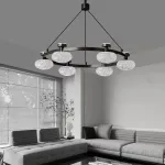 Кольцевая светодиодная люстра TILMAN D70 от ImperiumLoft с направленными вниз полусферическими фактурными плафонами и источниками рассеянного света, направленными вверх