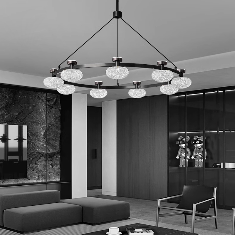 Кольцевая светодиодная люстра TILMAN D98 от ImperiumLoft с направленными вниз полусферическими фактурными плафонами и источниками рассеянного света, направленными вверх