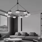 Кольцевая светодиодная люстра TILMAN D98 от ImperiumLoft с направленными вниз полусферическими фактурными плафонами и источниками рассеянного света, направленными вверх