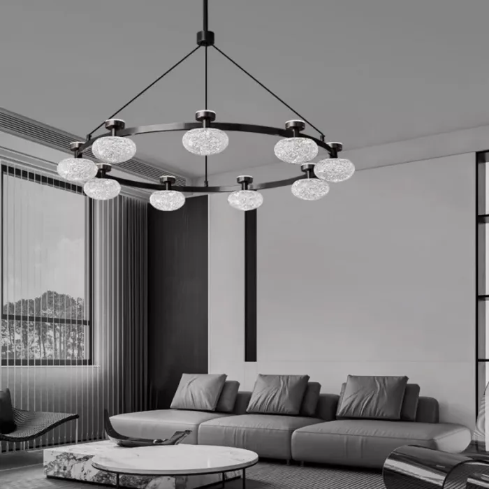 Кольцевая светодиодная люстра TILMAN D98 от ImperiumLoft с направленными вниз полусферическими фактурными плафонами и источниками рассеянного света, направленными вверх