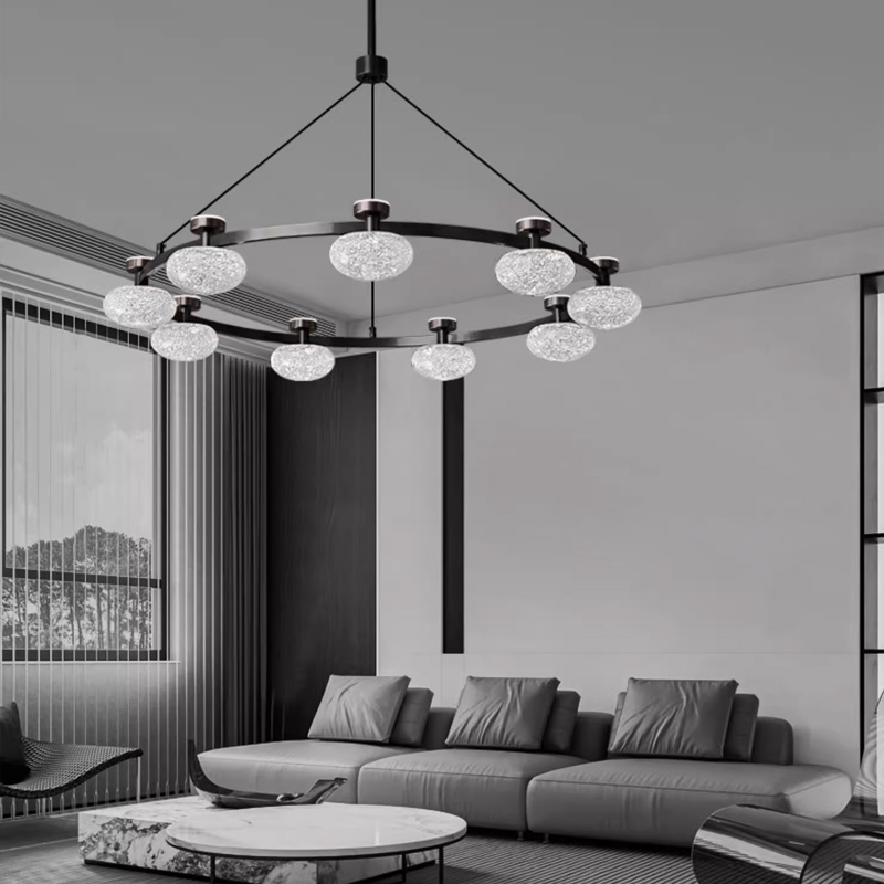 Кольцевая светодиодная люстра TILMAN D98 от ImperiumLoft с направленными вниз полусферическими фактурными плафонами и источниками рассеянного света, направленными вверх