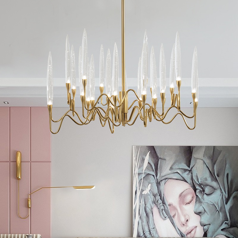 Люстра на штанге Il Pezzo 3 Round Chandelier Brass and Crystals D800 с акриловыми плафонами