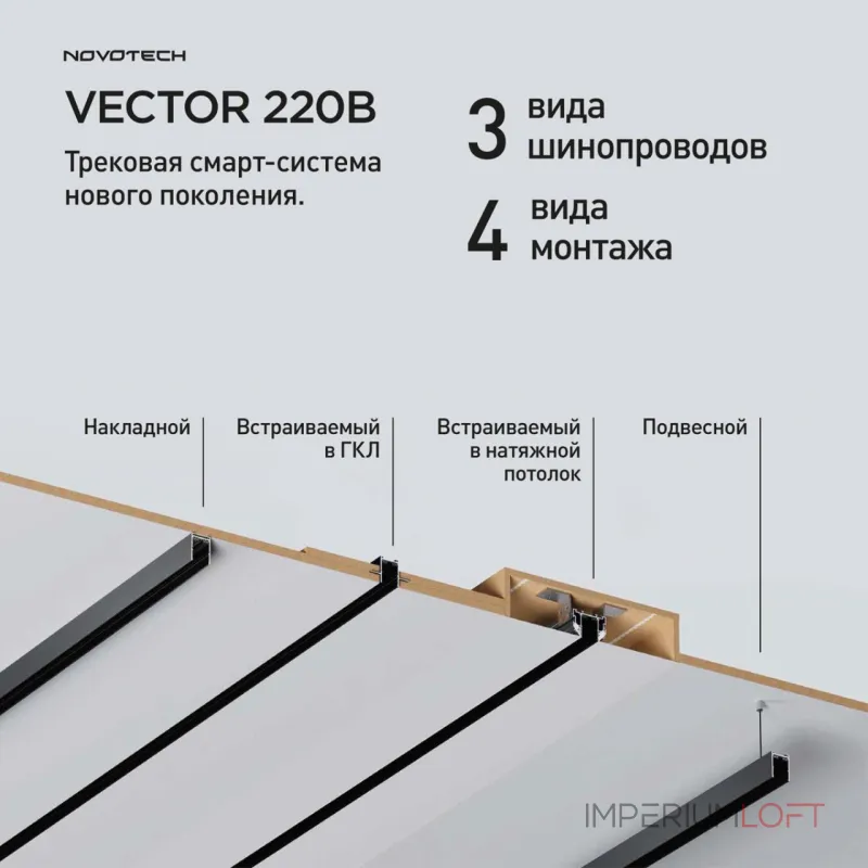 Шинопровод накладной/подвесной в комплекте заглушки 2шт крышка и соединительная планка 1шт Novotech Vector 135300