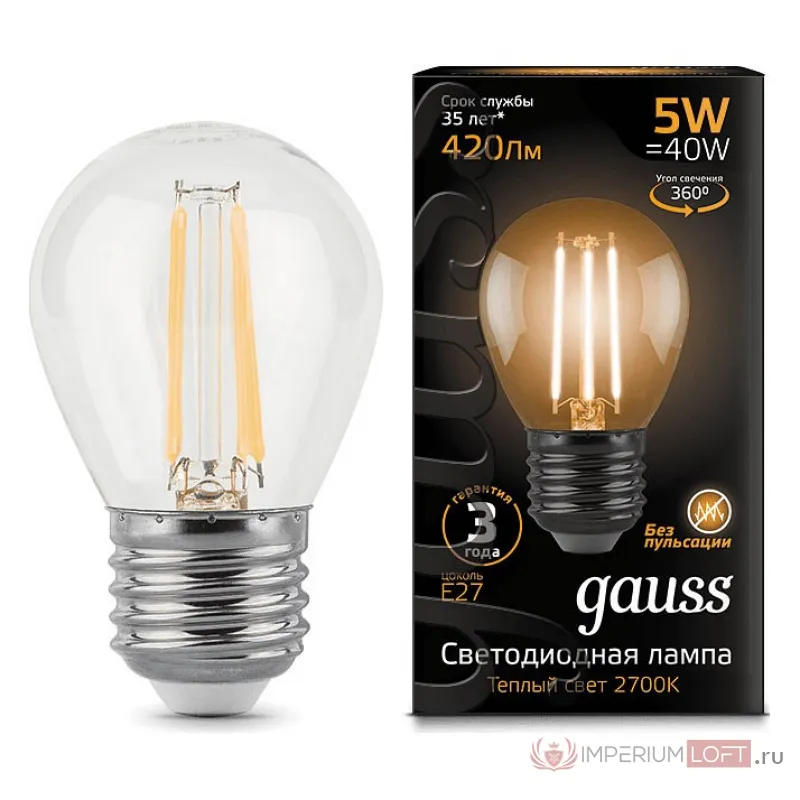 Лампа светодиодная Gauss LED Filament E27 5Вт 2700K 105802105 от ImperiumLoft