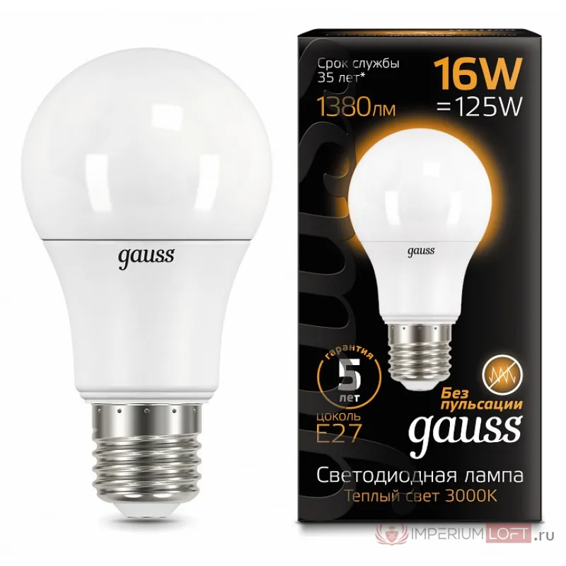 Лампа светодиодная Gauss E27 16Вт 3000K 102502116 от ImperiumLoft