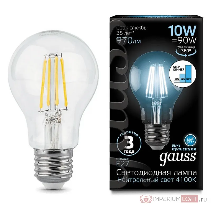 Лампа светодиодная Gauss LED Filament E27 10Вт 4100K 102802210-S от ImperiumLoft