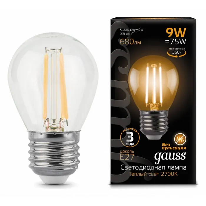 Лампа светодиодная Gauss E27 9Вт 2700K 105802109 от ImperiumLoft