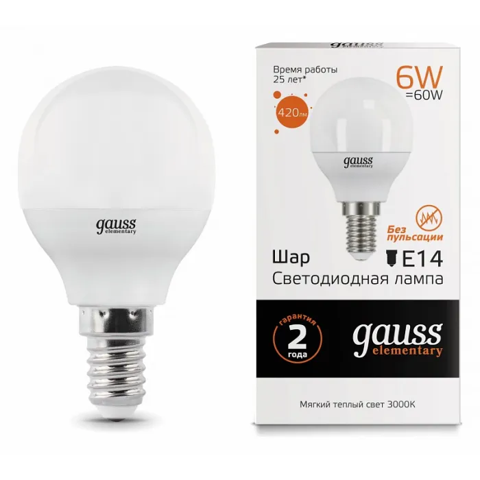 Лампа светодиодная Gauss E14 6Вт 3000K 53116 от ImperiumLoft