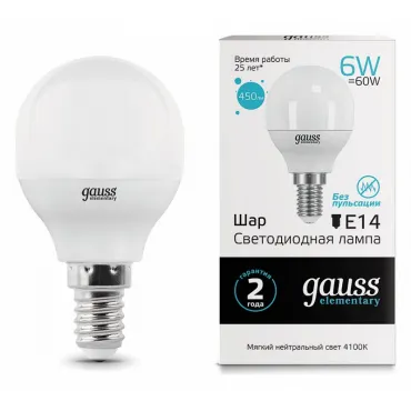 Лампа светодиодная Gauss LED Elementary Globe E14 6Вт 4100K 53126 Цвет арматуры белый Цвет плафонов белый от ImperiumLoft