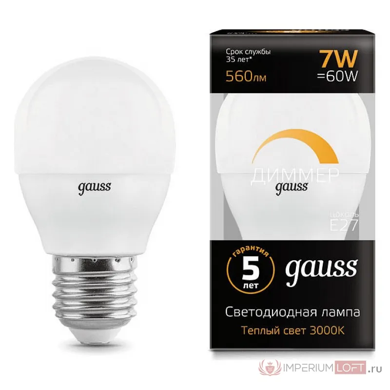 Лампа светодиодная Gauss LED Globe-dim E27 7Вт 3000K 105102107-D Цвет арматуры хром Цвет плафонов белый от ImperiumLoft
