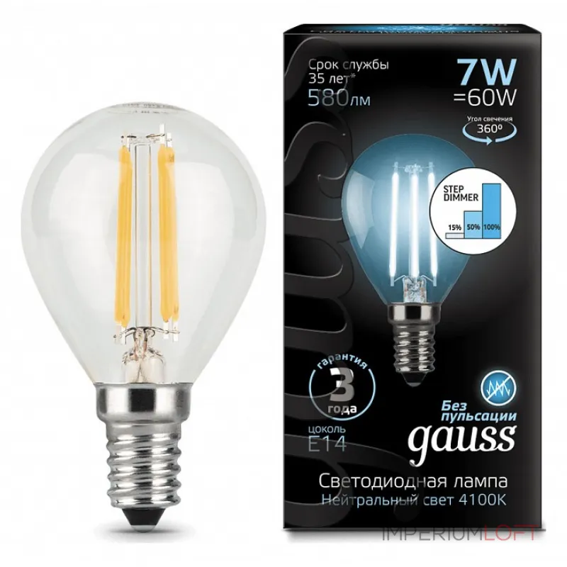 Лампа светодиодная Gauss LED Filament Globe E14 7Вт 4100K 105801207-S Цвет арматуры белый Цвет плафонов белый Лампа светодиодная Gauss LED Filament Globe E14 7Вт 4100K 105801207-S Цвет арматуры белый Цвет плафонов белый