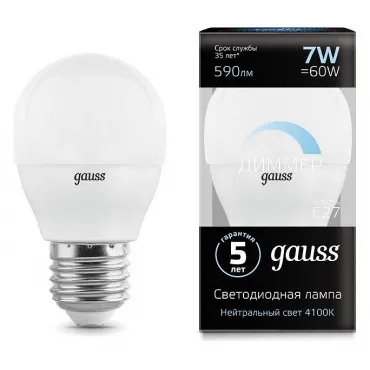 Лампа светодиодная Gauss LED Globe-dim E27 7Вт 4100K 105102207-D Цвет арматуры белый Цвет плафонов белый