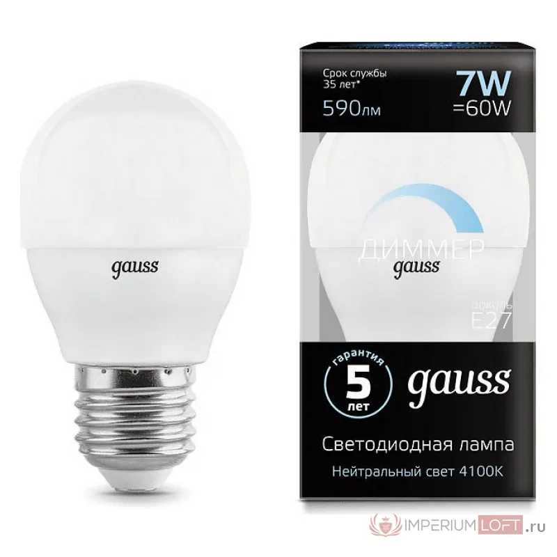 Лампа светодиодная Gauss LED Globe-dim E27 7Вт 4100K 105102207-D Цвет арматуры белый Цвет плафонов белый от ImperiumLoft