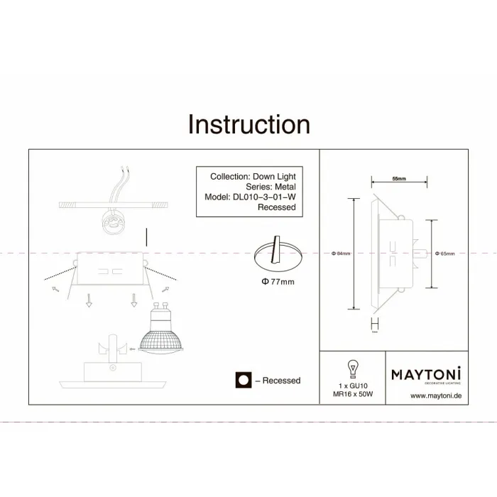 Встраиваемый светильник Maytoni Metal DL010-3-01-W Цвет арматуры белый Цвет плафонов белый от ImperiumLoft