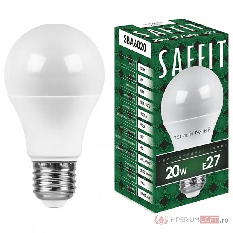 Лампа светодиодная Feron Saffit SBA6020 E27 20Вт 2700K 55013 Цвет арматуры белый Цвет плафонов белый от ImperiumLoft