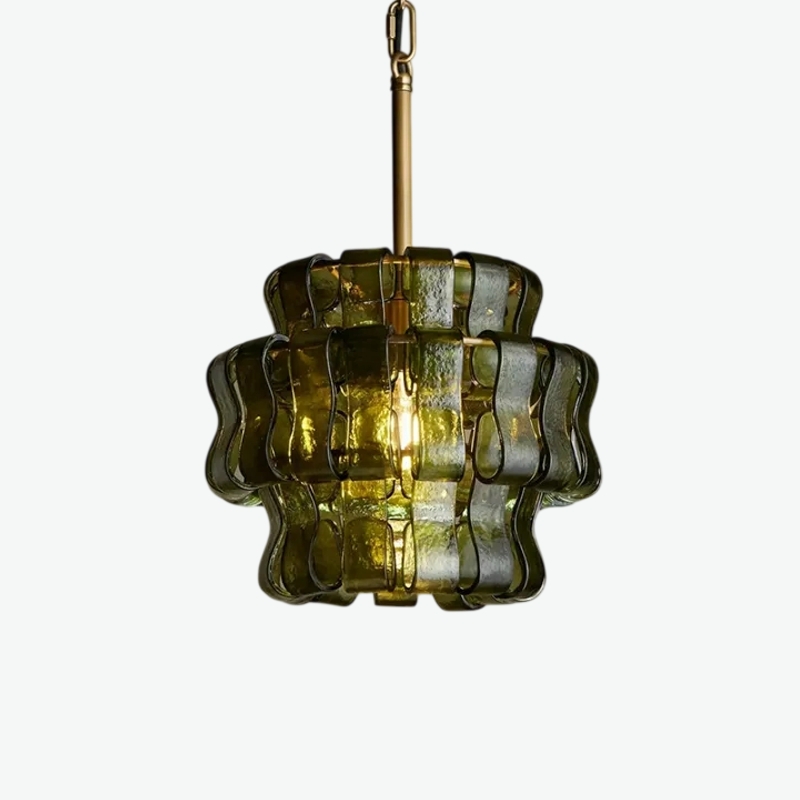 Подвесной светильник KARIOKA Green+Bronze с изогнутыми подвесами из фактурного стекла от Vinsa Подвесной светильник KARIOKA Green+Bronze с изогнутыми подвесами из фактурного стекла от Vinsa