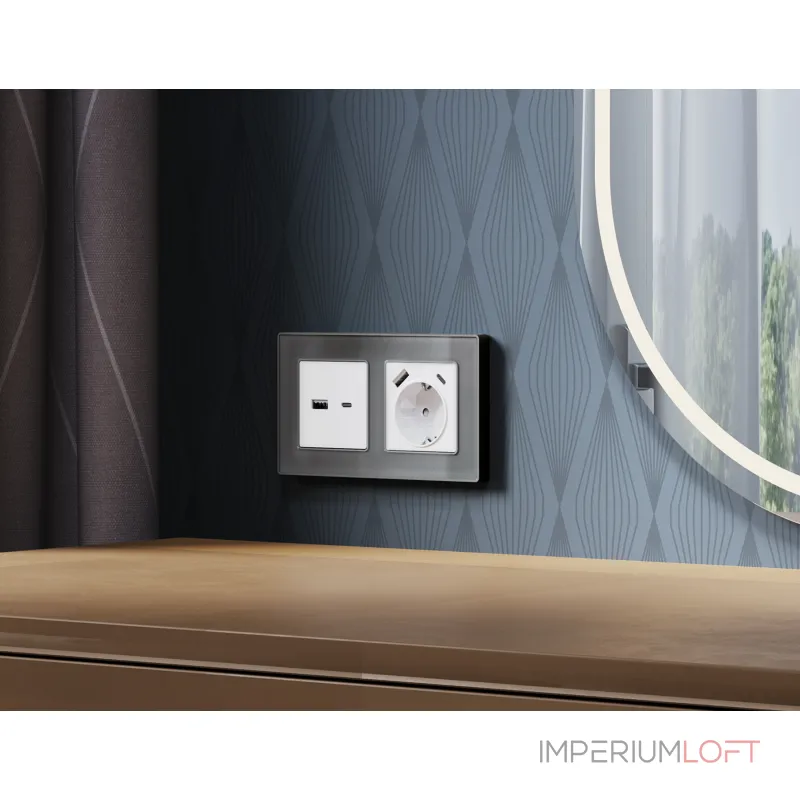 Комплект механизма электрической розетки 2USB A+C 20W быстрая зарядка с заземлением со шторками 2P+E 16A-250V Ambrella Volt MA MA130010