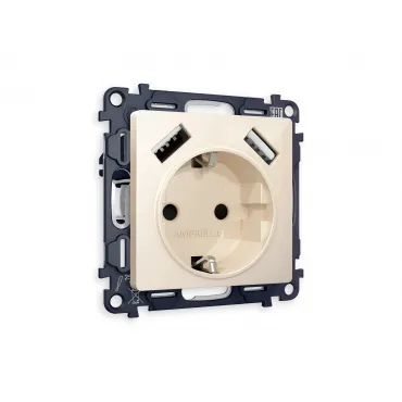 Комплект механизма электрической розетки 2USB A+A 18W быстрая зарядка с заземлением и шторками 2P+E 16A-250V Volt QUANT MA309010