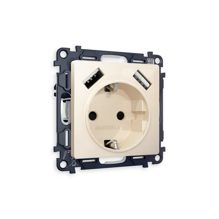 Комплект механизма электрической розетки ALFA MA309010 Бежевый глянец 2USB A+A 18W быстрая зарядка с заземлением и шторками 2P+E 16A-250V QUANT от ImperiumLoft