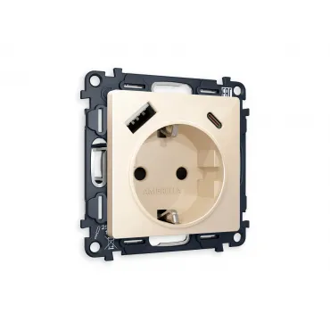 Комплект механизма электрической розетки 2USB A+C 20W быстрая зарядка с заземлением и шторками 2P+E 16A-250V Ambrella Volt MA MA310010