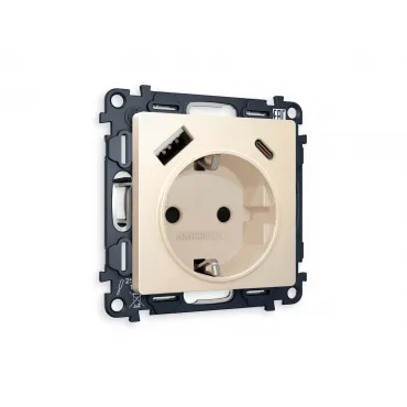 Комплект механизма электрической розетки 2USB A+C 20W быстрая зарядка с заземлением со шторками 2P+E 16A-250V Ambrella Volt MA MA330010