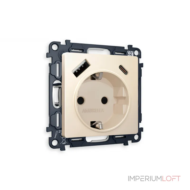 Комплект механизма электрической розетки 2USB A+C 20W быстрая зарядка с заземлением со шторками 2P+E 16A-250V Ambrella Volt MA MA330010 Комплект механизма электрической розетки 2USB A+C 20W быстрая зарядка с заземлением со шторками 2P+E 16A-250V Ambrella Volt MA MA330010
