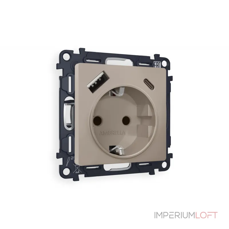 Комплект механизма электрической розетки 2USB A+C 20W быстрая зарядка с заземлением со шторками 2P+E 16A-250V Ambrella Volt MA MA370010 Комплект механизма электрической розетки 2USB A+C 20W быстрая зарядка с заземлением со шторками 2P+E 16A-250V Ambrella Volt MA MA370010