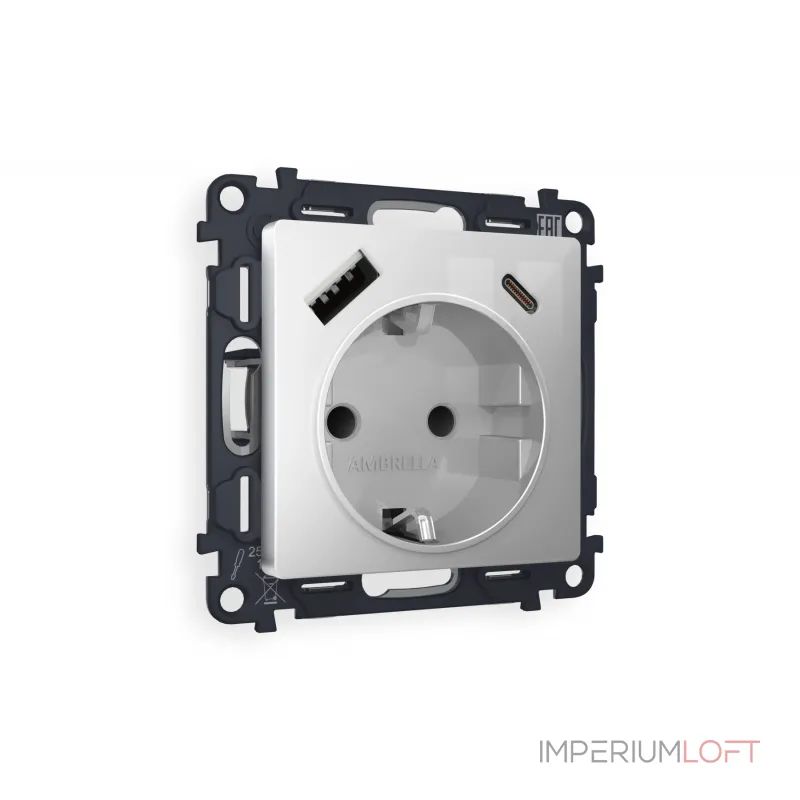 Комплект механизма электрической розетки 2USB A+C 20W быстрая зарядка с заземлением и шторками 2P+E 16A-250V Ambrella Volt MA MA410010 Комплект механизма электрической розетки 2USB A+C 20W быстрая зарядка с заземлением и шторками 2P+E 16A-250V Ambrella Volt MA MA410010