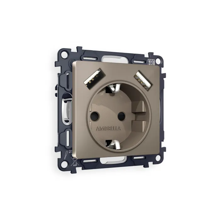 Комплект механизма электрической розетки ALFA MA639010 Темная бронза матовый 2USB A+A 18W быстрая зарядка с заземлением и шторками 2P+E 16A-250V QUANT от ImperiumLoft