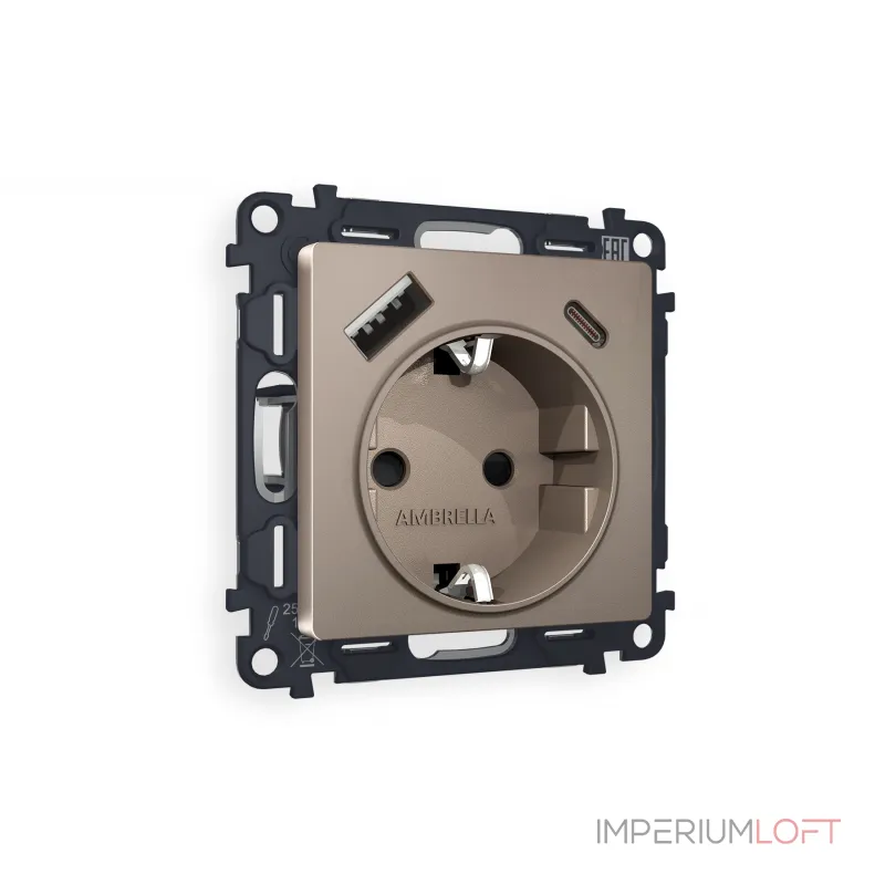 Комплект механизма электрической розетки 2USB A+C 20W быстрая зарядка с заземлением и шторками 2P+E 16A-250V Ambrella Volt MA MA640010 Комплект механизма электрической розетки 2USB A+C 20W быстрая зарядка с заземлением и шторками 2P+E 16A-250V Ambrella Volt MA MA640010