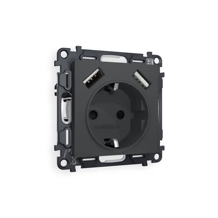 Комплект механизма электрической розетки ALFA MA909010 Графит мягкое касание 2USB A+A 18W быстрая зарядка с заземлением и шторками 2P+E 16A-250V QUANT от ImperiumLoft