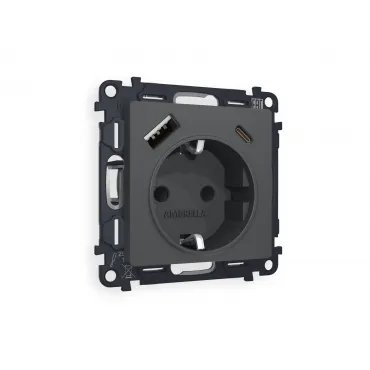 Комплект механизма электрической розетки 2USB A+C 20W быстрая зарядка с заземлением и шторками 2P+E 16A-250V Ambrella Volt MA MA910010