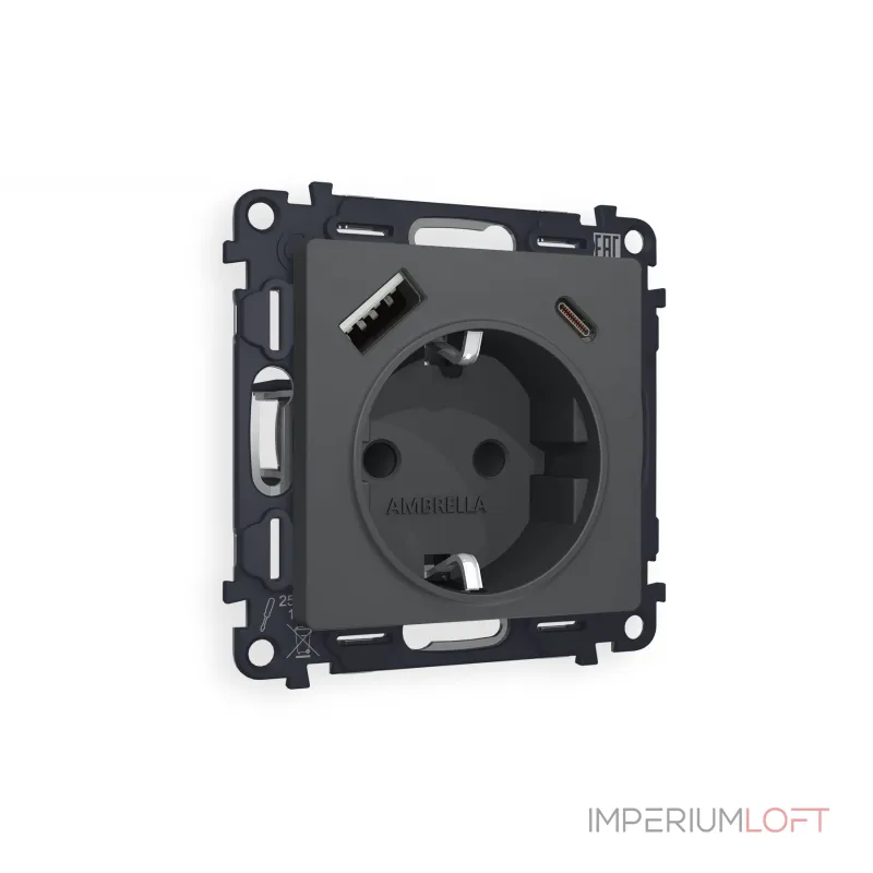 Комплект механизма электрической розетки 2USB A+C 20W быстрая зарядка с заземлением и шторками 2P+E 16A-250V Ambrella Volt MA MA910010 Комплект механизма электрической розетки 2USB A+C 20W быстрая зарядка с заземлением и шторками 2P+E 16A-250V Ambrella Volt MA MA910010