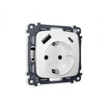 Комплект механизма электрической розетки 2USB A+C 20W быстрая зарядка с заземлением и шторками 2P+E 16A-250V Ambrella Volt MO MO110010