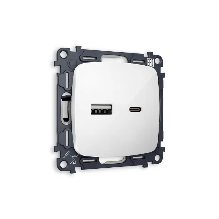 Комплект механизма розетки OMEGA MO111010 Белый глянец 2USB A+C 20W быстрая зарядка QUANT от ImperiumLoft