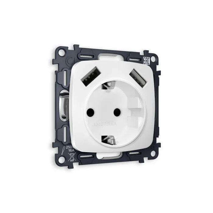 Комплект механизма электрической розетки OMEGA MO129010 Белый матовый 2USB A+A 18W быстрая зарядка с заземлением со шторками 2P+E 16A-250V QUANT от ImperiumLoft