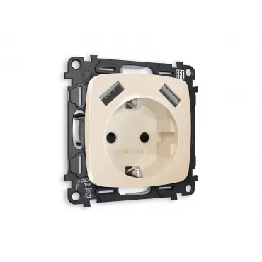 Комплект механизма электрической розетки 2USB A+A 18W быстрая зарядка с заземлением и шторками 2P+E 16A-250V Volt QUANT MO309010