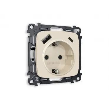 Комплект механизма электрической розетки 2USB A+C 20W быстрая зарядка с заземлением со шторками 2P+E 16A-250V Ambrella Volt MO MO330010