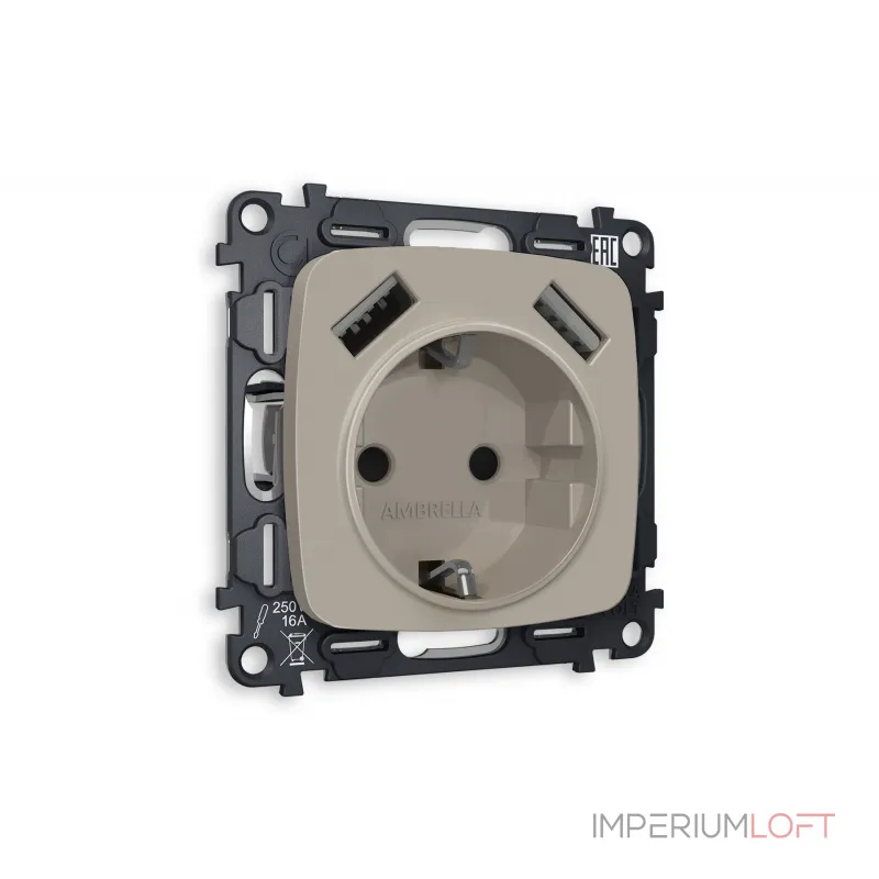Комплект механизма электрической розетки 2USB A+A18W быстрая зарядка с заземлением с шторками 2P+E 16A-250V Ambrella Volt MO MO369010 Комплект механизма электрической розетки 2USB A+A18W быстрая зарядка с заземлением с шторками 2P+E 16A-250V Ambrella Volt MO MO369010