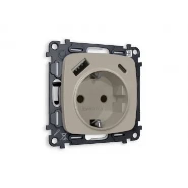 Комплект механизма электрической розетки 2USB A+C 20W быстрая зарядка с заземлением со шторками 2P+E 16A-250 Ambrella Volt MO MO370010