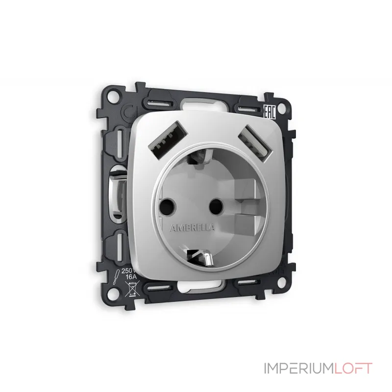 Комплект механизма электрической розетки 2USB A+A 18W быстрая зарядка с заземлением и шторками 2P+E 16A-250V Ambrella Volt MO MO409010 Комплект механизма электрической розетки 2USB A+A 18W быстрая зарядка с заземлением и шторками 2P+E 16A-250V Ambrella Volt MO MO409010