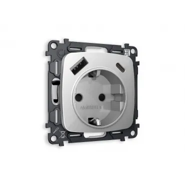 Комплект механизма электрической розетки 2USB A+C 20W быстрая зарядка с заземлением и шторками 2P+E 16A-250V Ambrella Volt MO MO410010