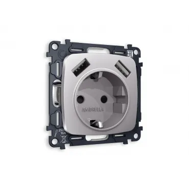 Комплект механизма электрической розетки 2USB A+A 18W быстрая зарядка с заземлением и шторками 2P+E 16A-250V Ambrella Volt MO MO509010