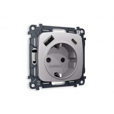 Комплект механизма электрической розетки 2USB A+C 20W быстрая зарядка с заземлением и шторками 2P+E 16A-250V Ambrella Volt MO MO510010