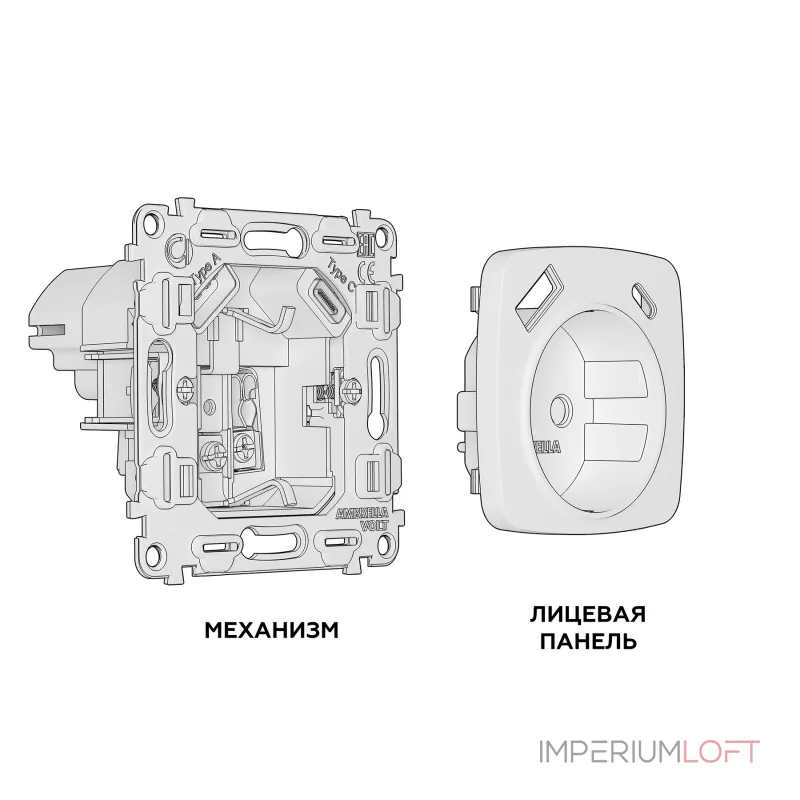 Комплект механизма электрической розетки 2USB A+C 20W быстрая зарядка с заземлением и шторками 2P+E 16A-250V Ambrella Volt MO MO510010
